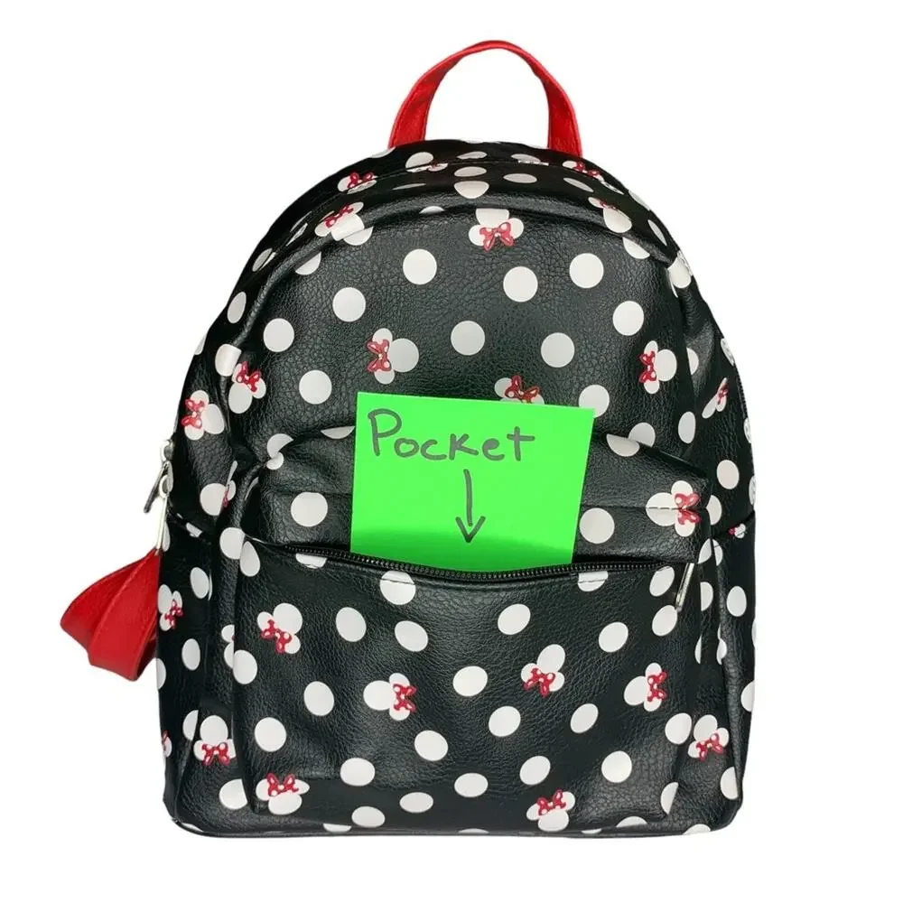 DISNEY Parks Minnie Backpack Black White Polka Dot Red Straps